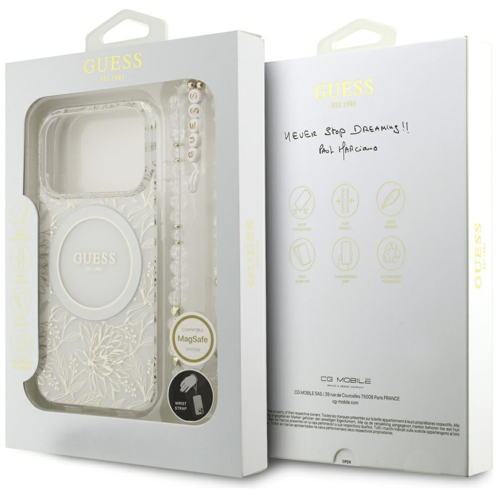 MagSafe Case for Apple iPhone 18 Pro / 17 Pro, Guess, IML Flowers Electroplated with Pearl Strap, White