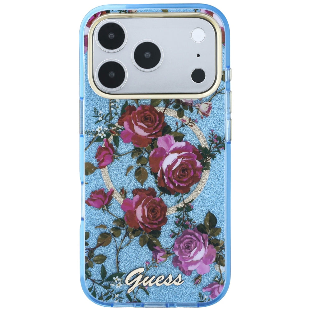 MagSafe Case for Apple iPhone 18 Pro / 17 Pro, Guess, IML Glitter Blossom Roses, Blue