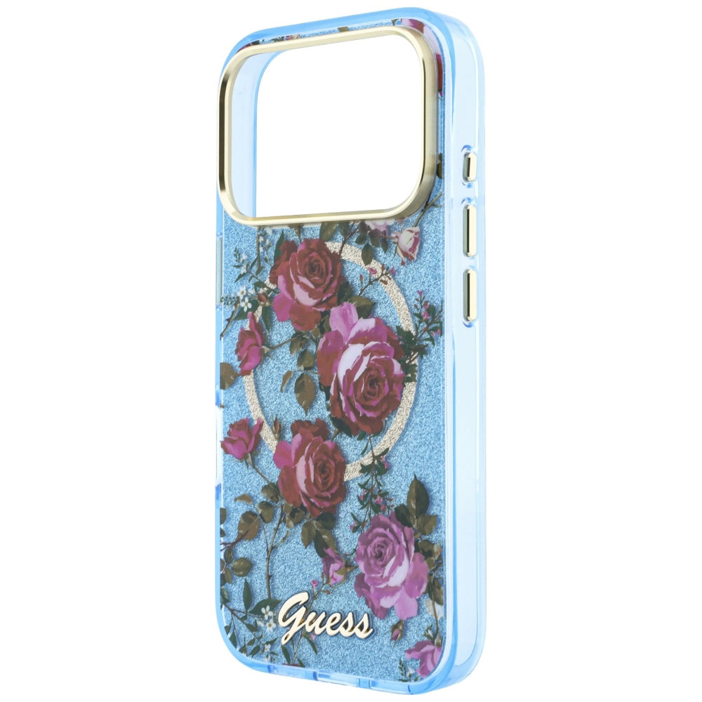 MagSafe Case for Apple iPhone 18 Pro / 17 Pro, Guess, IML Glitter Blossom Roses, Blue