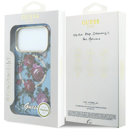 MagSafe Case for Apple iPhone 18 Pro / 17 Pro, Guess, IML Glitter Blossom Roses, Blue