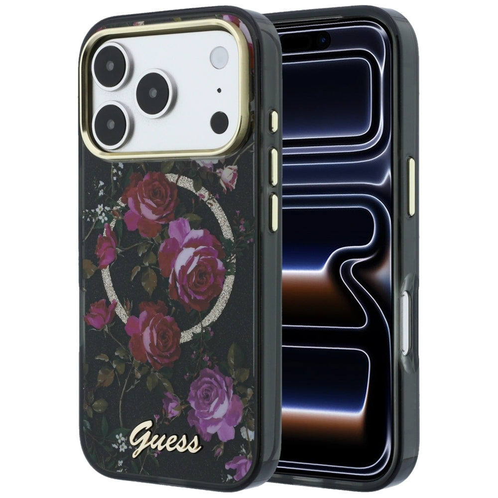 MagSafe Case for Apple iPhone 18 Pro / 17 Pro, Guess, IML Glitter Blossom Roses, Black
