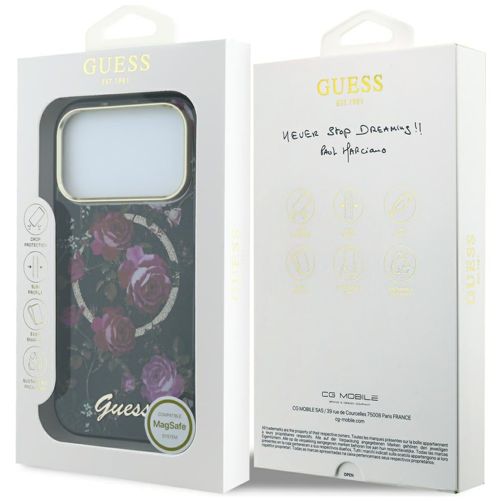 MagSafe Case for Apple iPhone 18 Pro / 17 Pro, Guess, IML Glitter Blossom Roses, Black