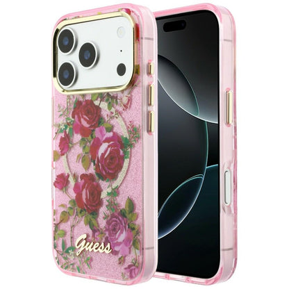 MagSafe Case for Apple iPhone 18 Pro / 17 Pro, Guess, IML Glitter Blossom Roses, Pink