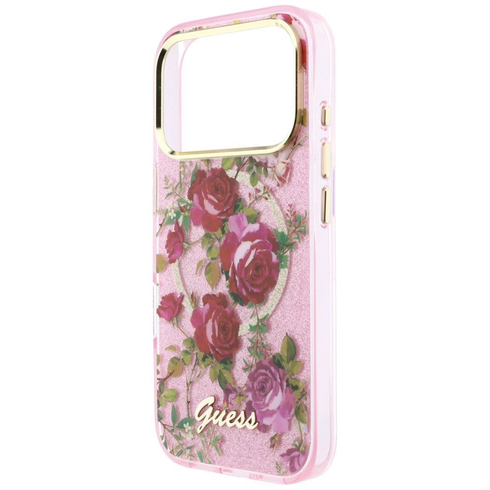 MagSafe Case for Apple iPhone 18 Pro / 17 Pro, Guess, IML Glitter Blossom Roses, Pink