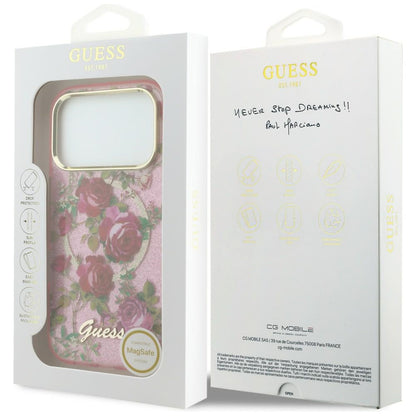 MagSafe Case for Apple iPhone 18 Pro / 17 Pro, Guess, IML Glitter Blossom Roses, Pink
