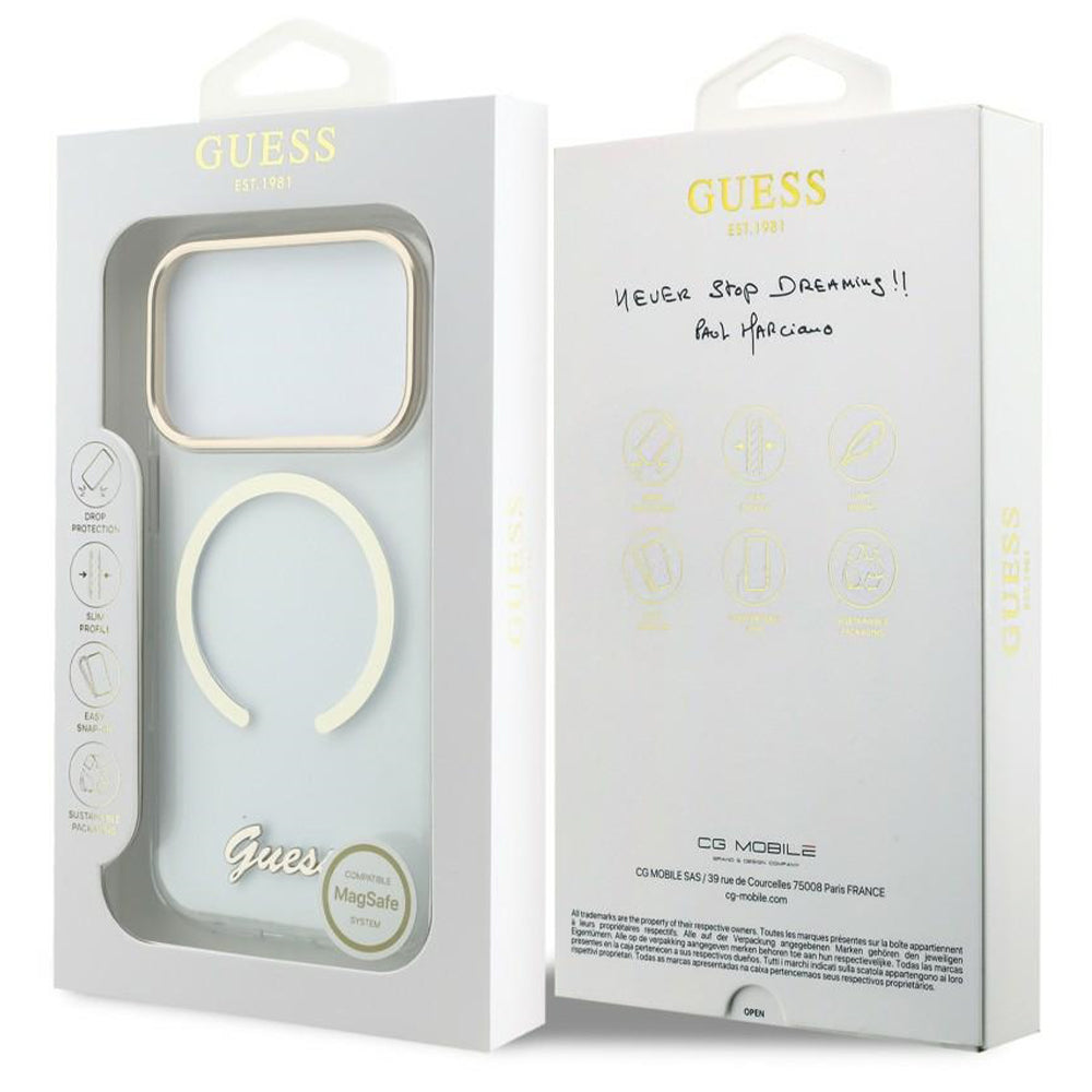 MagSafe Case for Apple iPhone 18 Pro / 17 Pro, Guess, IML Script Metal, Transparent