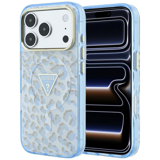 MagSafe Case for Apple iPhone 18 Pro / 17 Pro, Guess, Leopard Glitter Triangle Logo, Blue