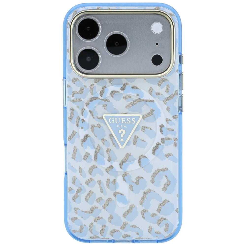MagSafe Case for Apple iPhone 18 Pro / 17 Pro, Guess, Leopard Glitter Triangle Logo, Blue