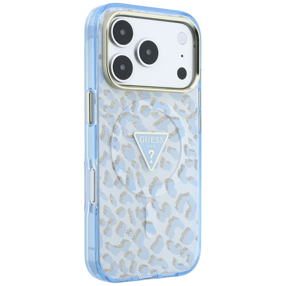 MagSafe Case for Apple iPhone 18 Pro / 17 Pro, Guess, Leopard Glitter Triangle Logo, Blue