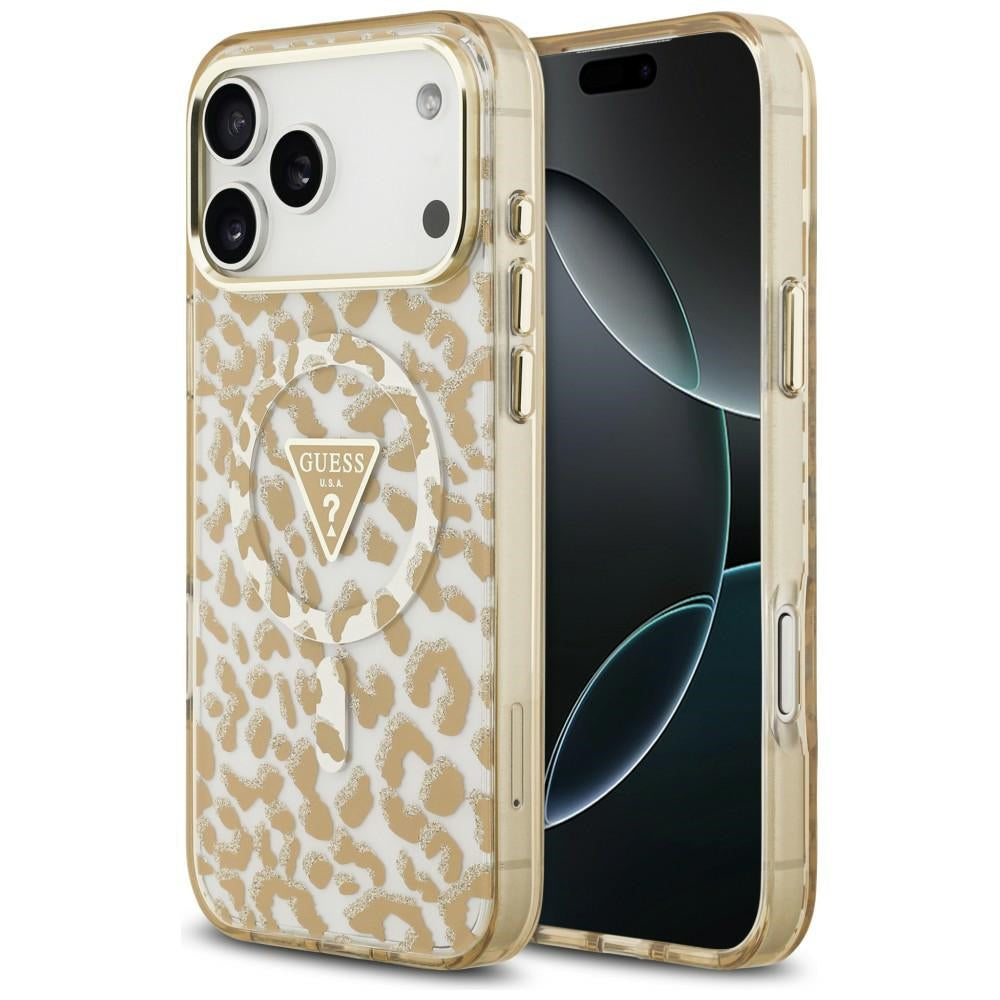 MagSafe Case for Apple iPhone 18 Pro / 17 Pro, Guess, Leopard Glitter Triangle Logo, Brown