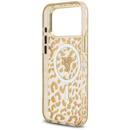 MagSafe Case for Apple iPhone 18 Pro / 17 Pro, Guess, Leopard Glitter Triangle Logo, Brown