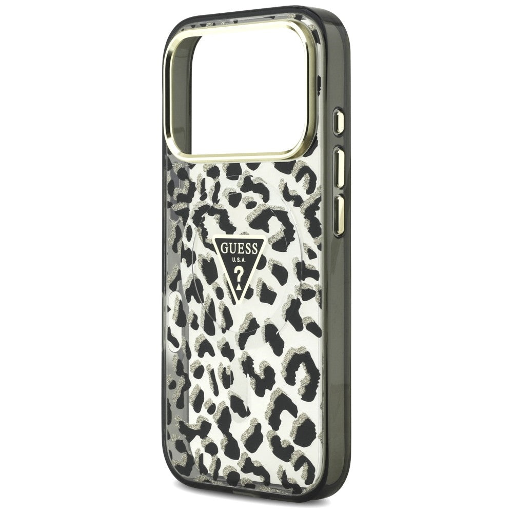 MagSafe Case for Apple iPhone 18 Pro / 17 Pro, Guess, Leopard Glitter Triangle Logo, Black