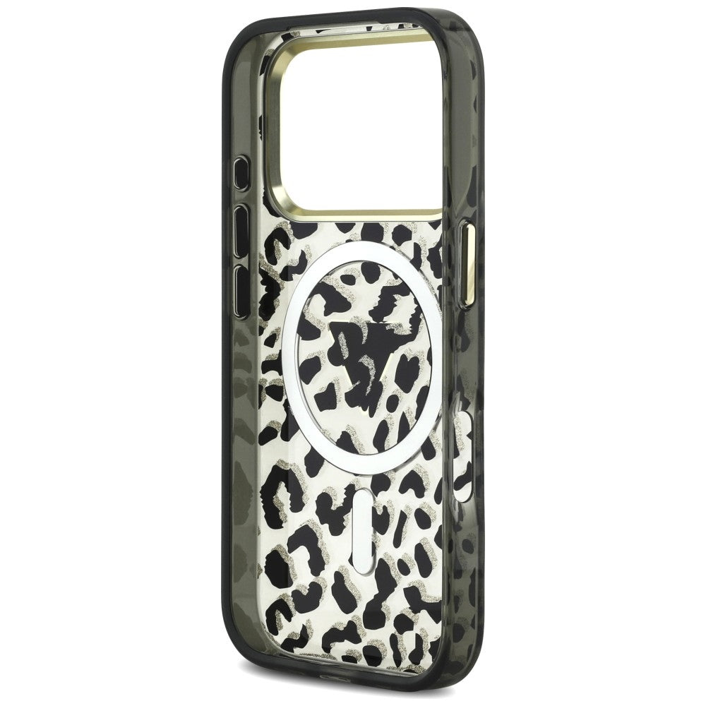 MagSafe Case for Apple iPhone 18 Pro / 17 Pro, Guess, Leopard Glitter Triangle Logo, Black