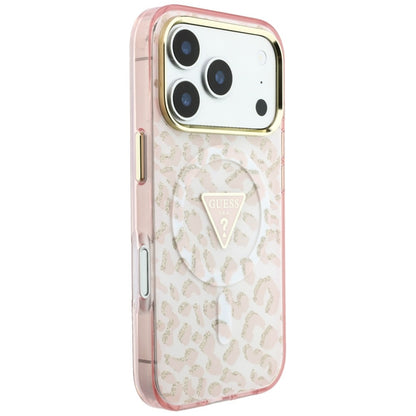 MagSafe Case for Apple iPhone 18 Pro / 17 Pro, Guess, Leopard Glitter Triangle Logo, Pink