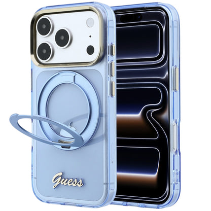 MagSafe Case for Apple iPhone 18 Pro / 17 Pro, Guess, Ring Stand Script Metal Logo, Blue