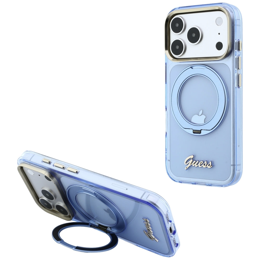 MagSafe Case for Apple iPhone 18 Pro / 17 Pro, Guess, Ring Stand Script Metal Logo, Blue