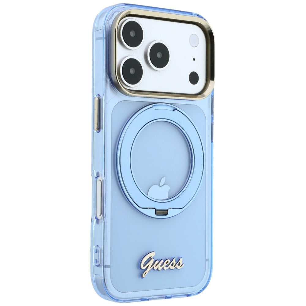 MagSafe Case for Apple iPhone 18 Pro / 17 Pro, Guess, Ring Stand Script Metal Logo, Blue