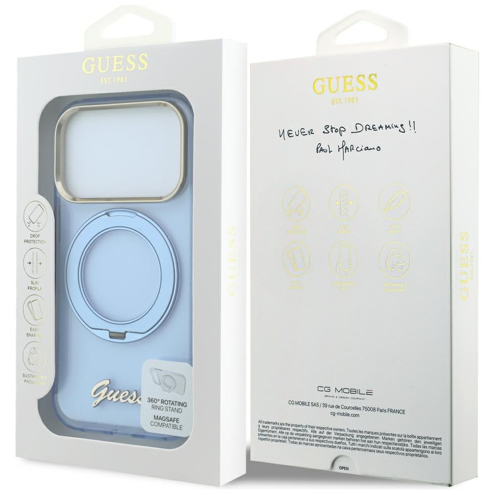 MagSafe Case for Apple iPhone 18 Pro / 17 Pro, Guess, Ring Stand Script Metal Logo, Blue