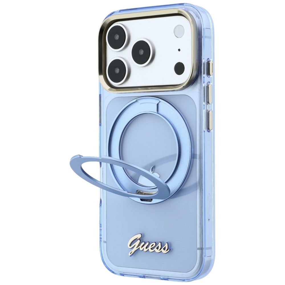 MagSafe Case for Apple iPhone 18 Pro / 17 Pro, Guess, Ring Stand Script Metal Logo, Blue