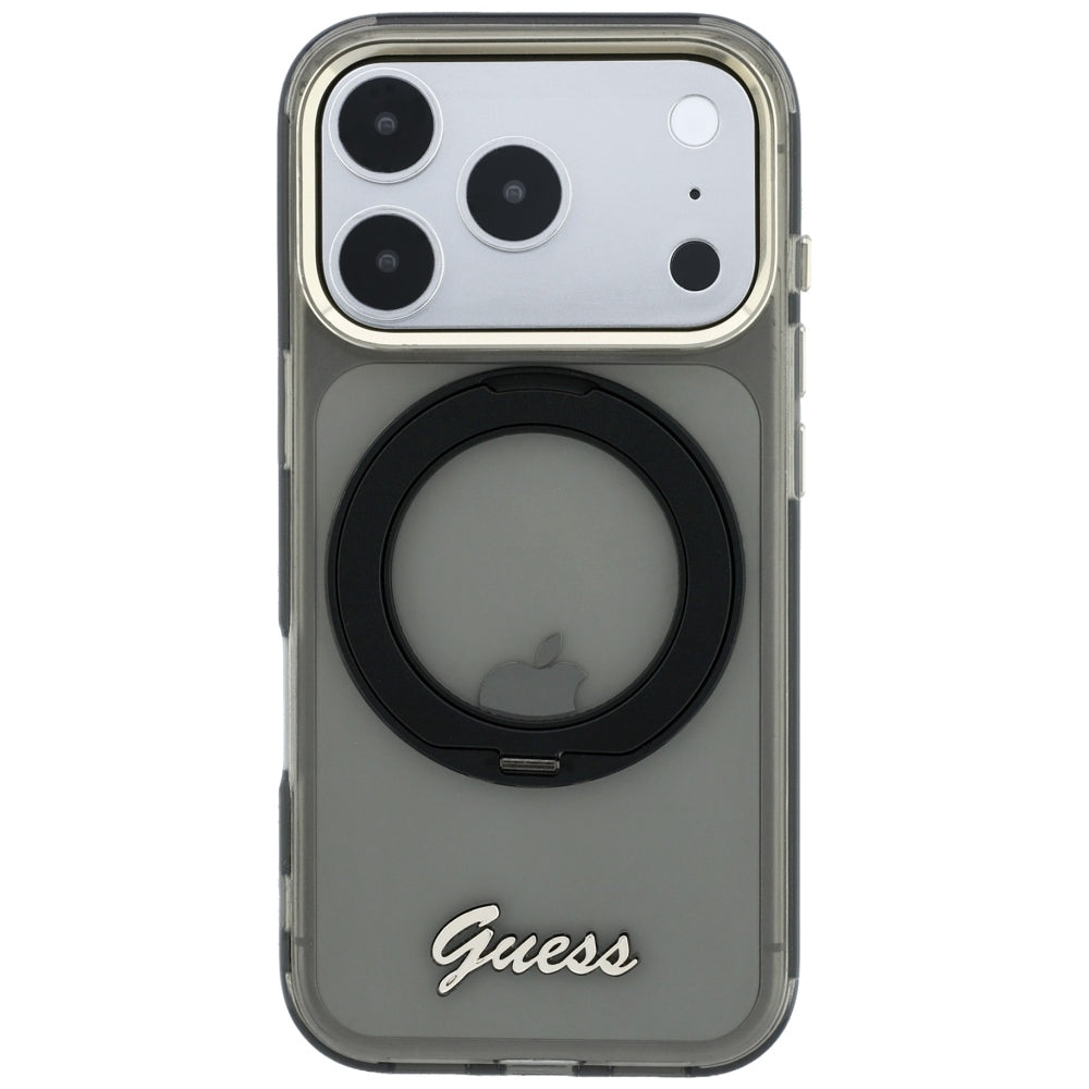 MagSafe Case for Apple iPhone 18 Pro / 17 Pro, Guess, Ring Stand Script Metal Logo, Black