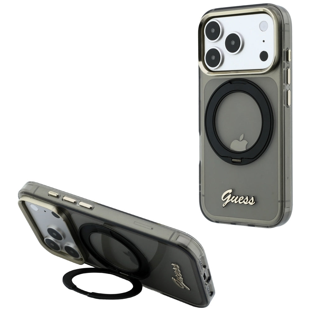 MagSafe Case for Apple iPhone 18 Pro / 17 Pro, Guess, Ring Stand Script Metal Logo, Black