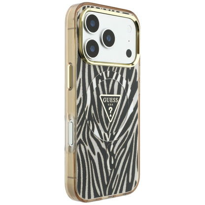 MagSafe Case for Apple iPhone 18 Pro / 17 Pro, Guess, Zebra Glitter Triangle Logo, Gold