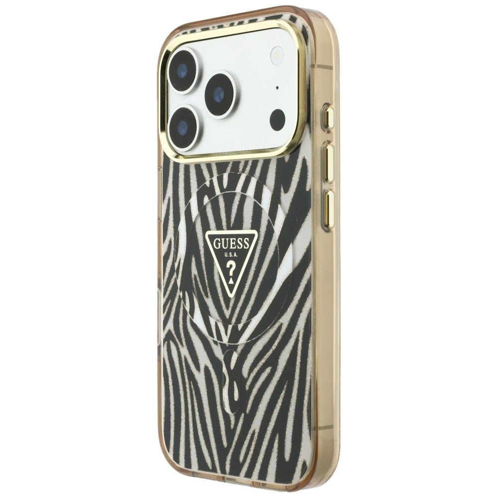 MagSafe Case for Apple iPhone 18 Pro / 17 Pro, Guess, Zebra Glitter Triangle Logo, Gold