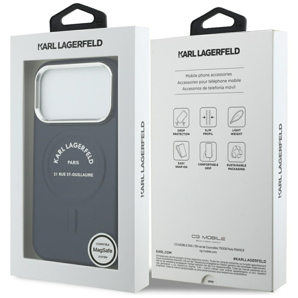MagSafe Case for Apple iPhone 18 Pro / 17 Pro, Karl Lagerfeld, Embossed Open Ring RSG Logo, Blue