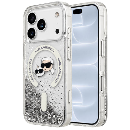 MagSafe Case for Apple iPhone 18 Pro / 17 Pro, Karl Lagerfeld, Liquid Glitter Karl & Choupette Head's, Transparent