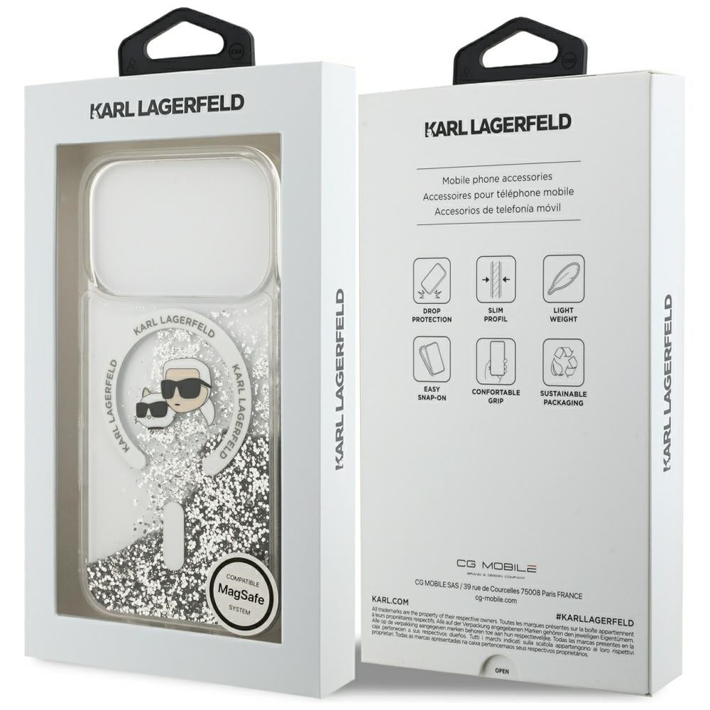 MagSafe Case for Apple iPhone 18 Pro / 17 Pro, Karl Lagerfeld, Liquid Glitter Karl & Choupette Head's, Transparent