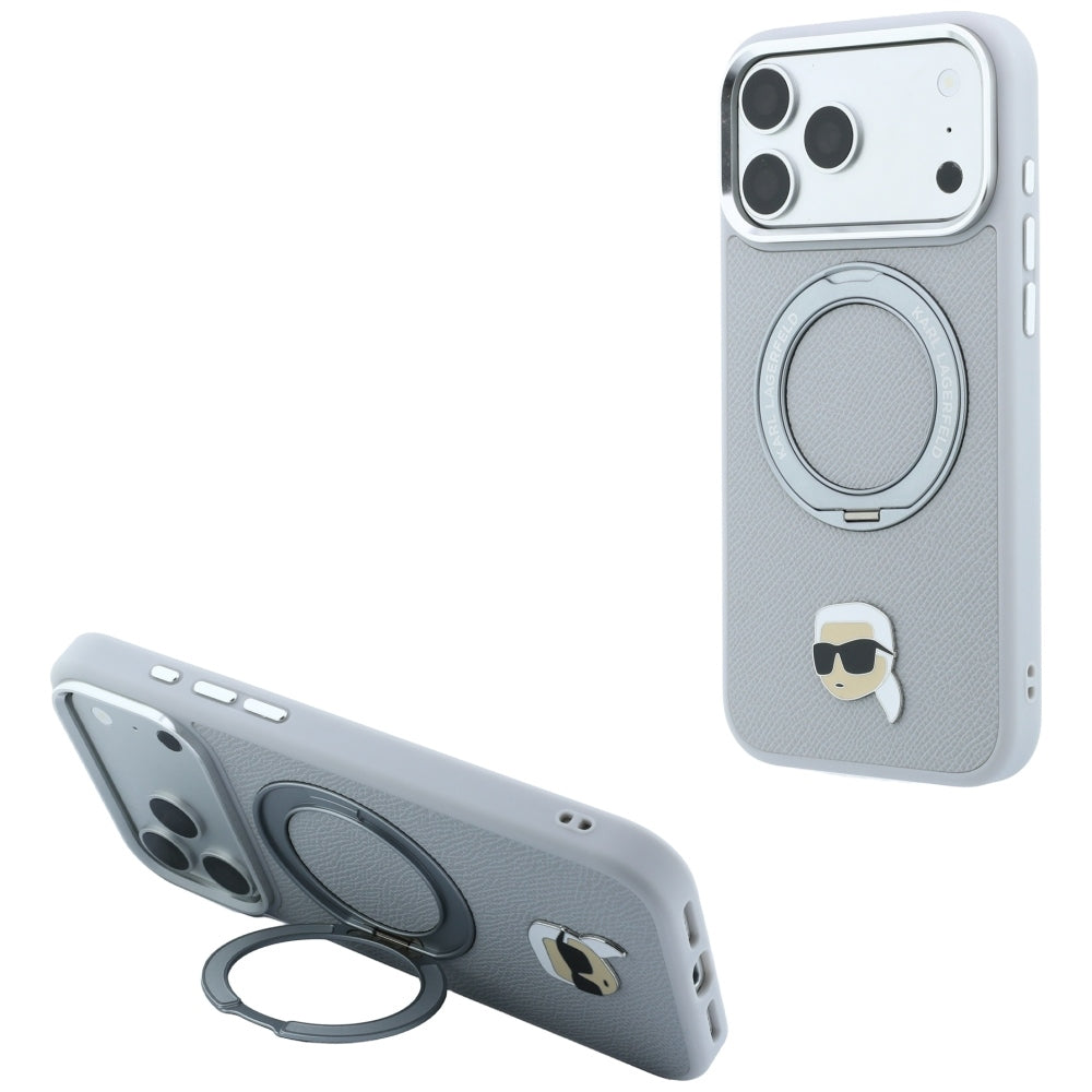 MagSafe Case for Apple iPhone 18 Pro / 17 Pro, Karl Lagerfeld, Ring Stand 360 Karl Pin, Gray