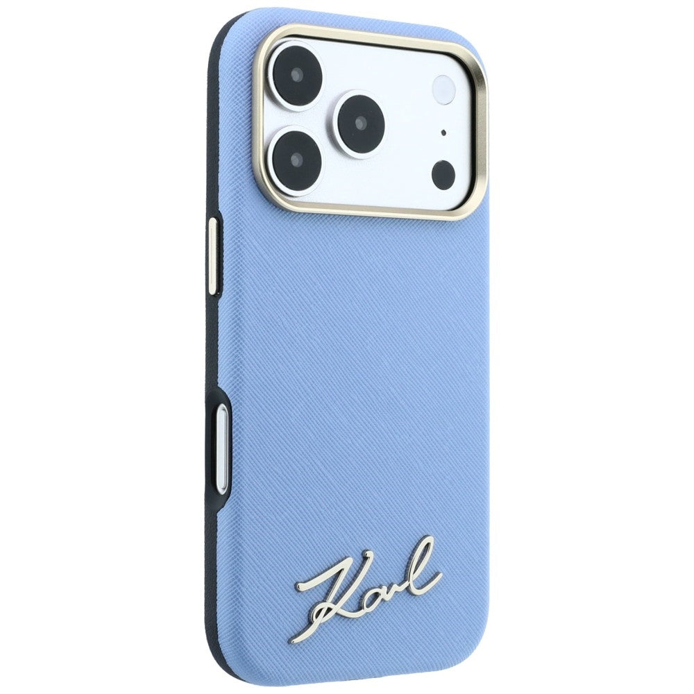MagSafe Case for Apple iPhone 18 Pro / 17 Pro, Karl Lagerfeld, Saffiano Small Script Metal Logo, Blue