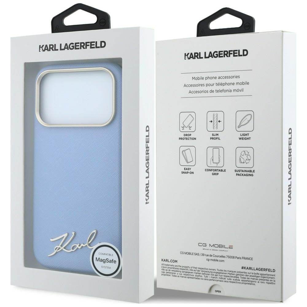 MagSafe Case for Apple iPhone 18 Pro / 17 Pro, Karl Lagerfeld, Saffiano Small Script Metal Logo, Blue