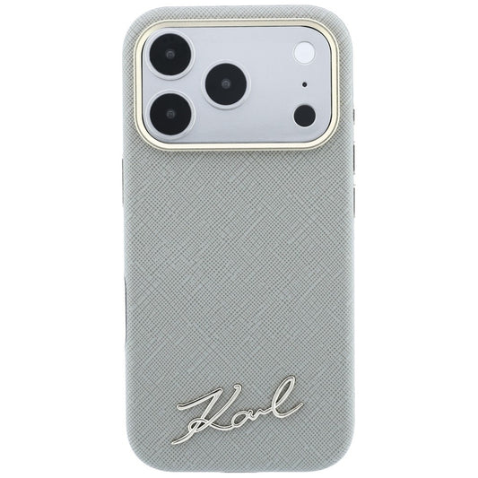 MagSafe Case for Apple iPhone 18 Pro / 17 Pro, Karl Lagerfeld, Saffiano Small Script Metal Logo, Gray Beige