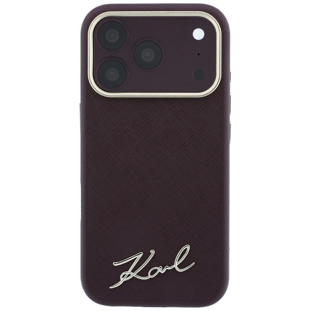 MagSafe Case for Apple iPhone 18 Pro / 17 Pro, Karl Lagerfeld, Saffiano Small Script Metal Logo, Burgundy