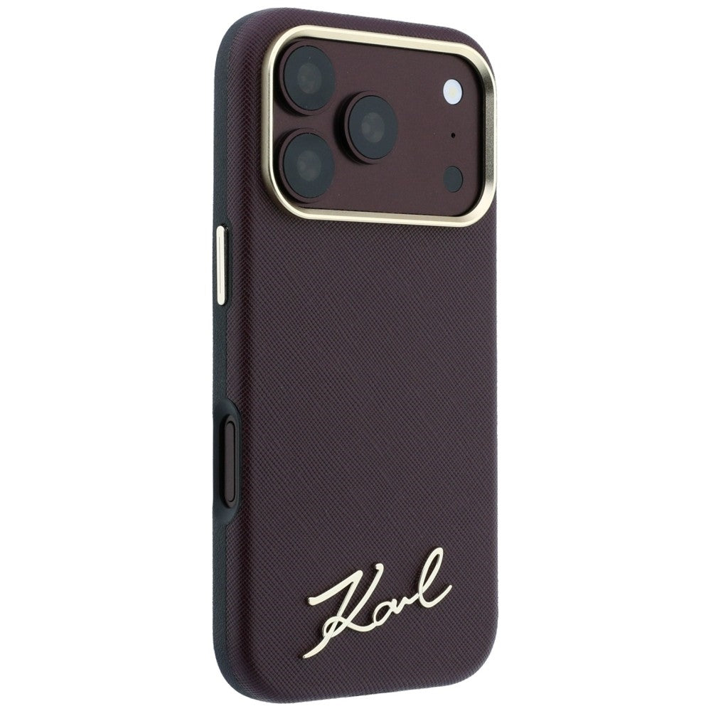 MagSafe Case for Apple iPhone 18 Pro / 17 Pro, Karl Lagerfeld, Saffiano Small Script Metal Logo, Burgundy