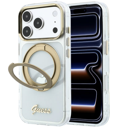 MagSafe Case for Apple iPhone 18 Pro, Guess, Ring Stand Script Metal Logo, Transparent