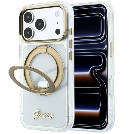 MagSafe Case for Apple iPhone 18 Pro, Guess, Ring Stand Script Metal Logo, Transparent