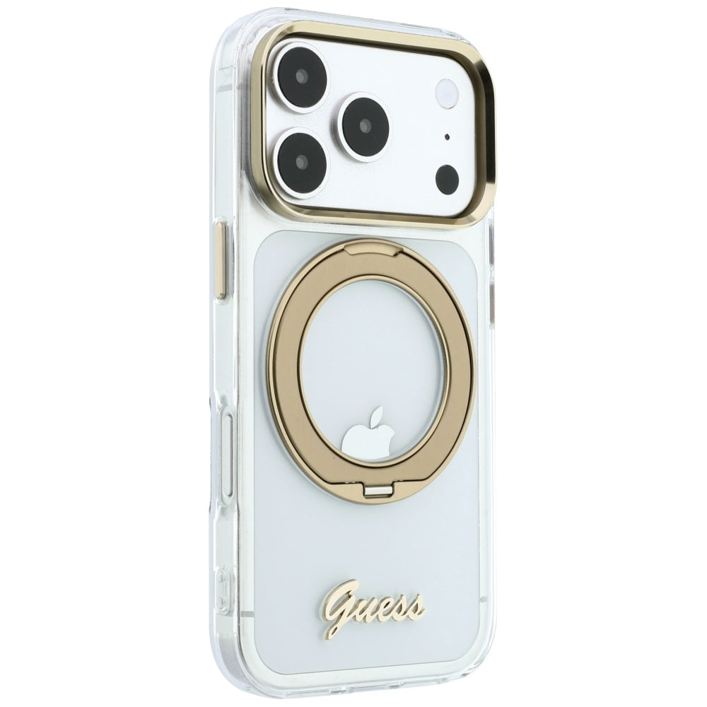 MagSafe Case for Apple iPhone 18 Pro, Guess, Ring Stand Script Metal Logo, Transparent