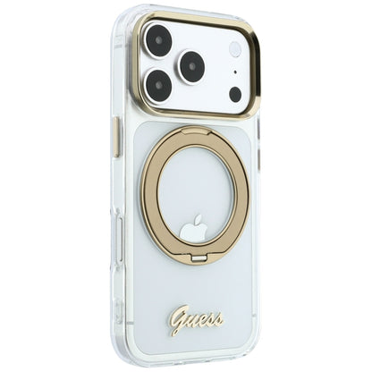 MagSafe Case for Apple iPhone 18 Pro, Guess, Ring Stand Script Metal Logo, Transparent