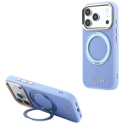 MagSafe Case for Apple iPhone 18 Pro Max / 17 Pro Max, Guess, Grained Ring Stand 360 Classic, Blue
