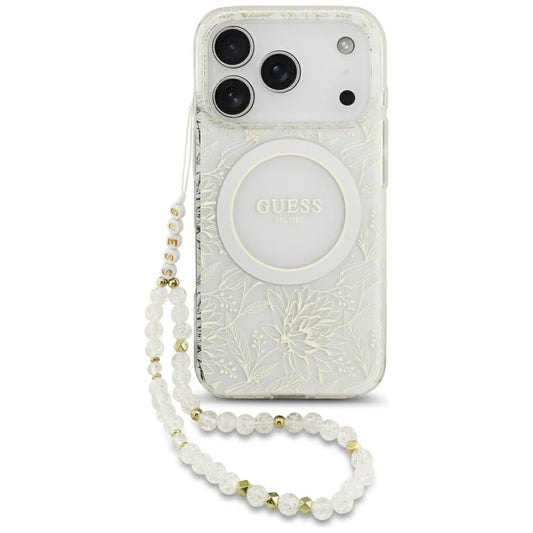 MagSafe Case for Apple iPhone 18 Pro Max / 17 Pro Max, Guess, IML Flowers Electroplated with Pearl Strap, White