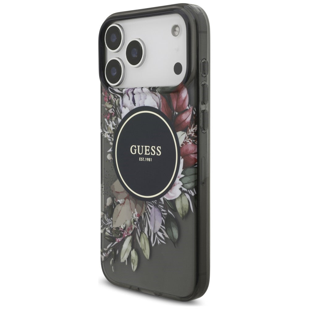 MagSafe Case for Apple iPhone 18 Pro Max / 17 Pro Max, Guess, IML Flowers with Pearl Strap, Black