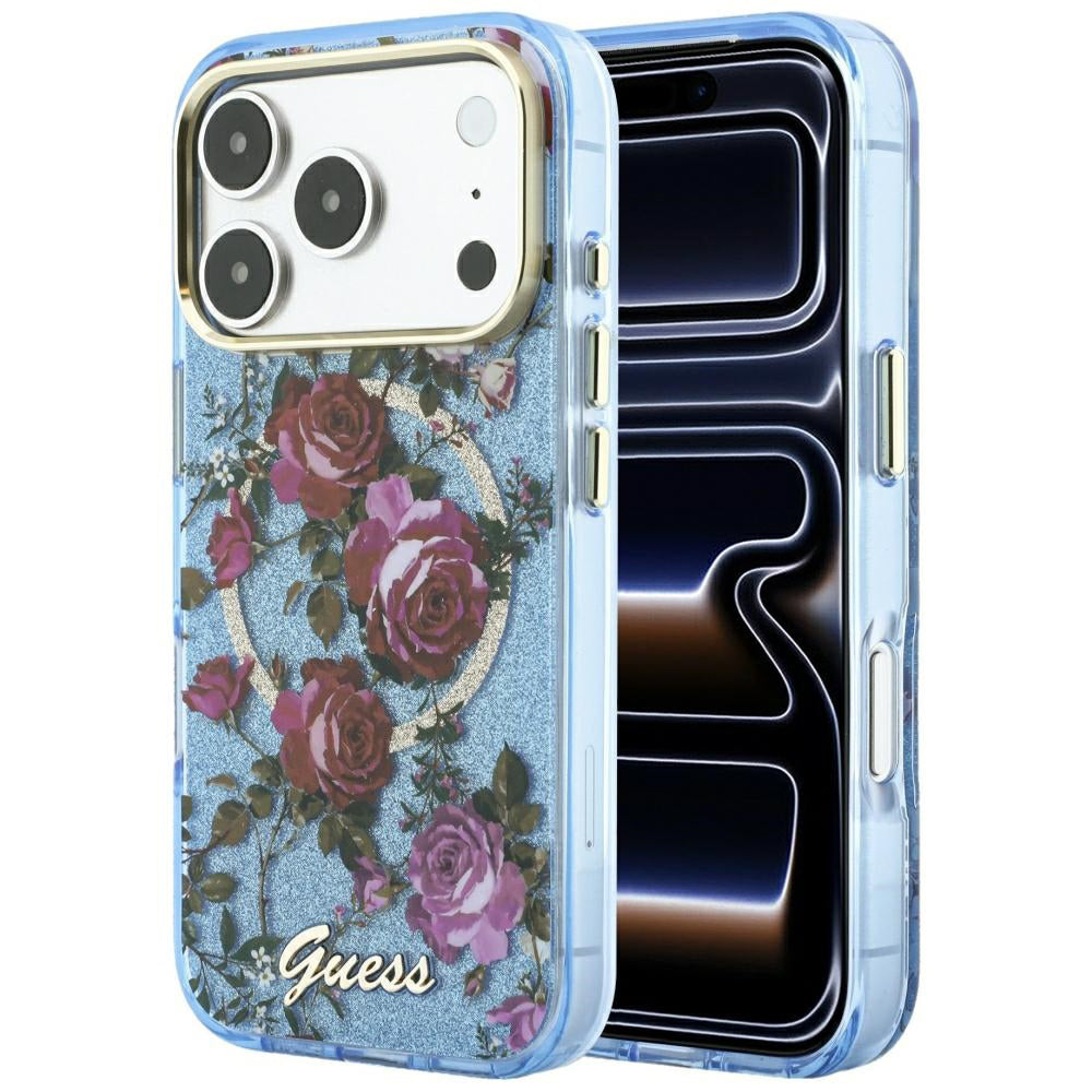 MagSafe Case for Apple iPhone 18 Pro Max / 17 Pro Max, Guess, IML Glitter Blossom Roses, Blue