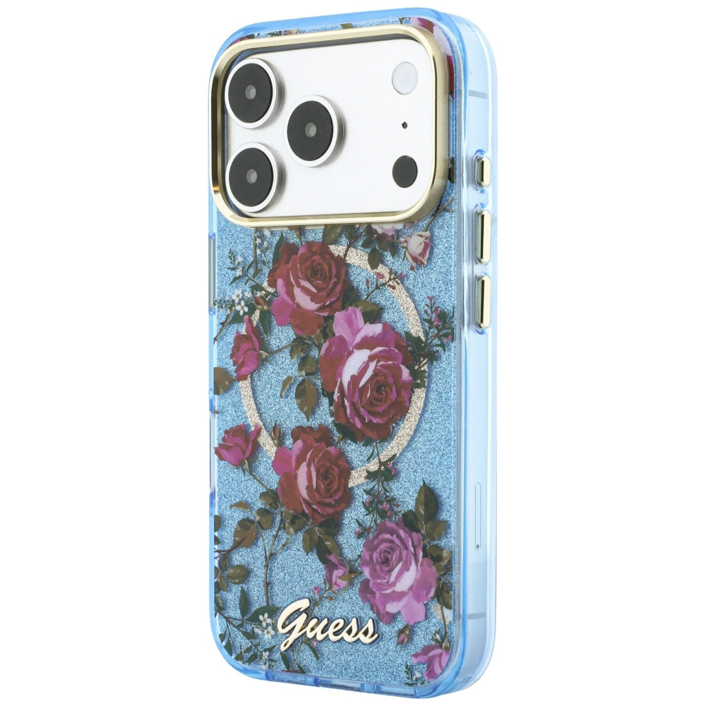 MagSafe Case for Apple iPhone 18 Pro Max / 17 Pro Max, Guess, IML Glitter Blossom Roses, Blue