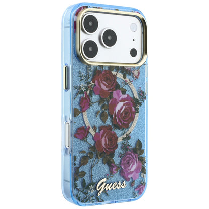 MagSafe Case for Apple iPhone 18 Pro Max / 17 Pro Max, Guess, IML Glitter Blossom Roses, Blue