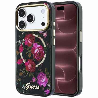 MagSafe Case for Apple iPhone 18 Pro Max / 17 Pro Max, Guess, IML Glitter Blossom Roses, Black
