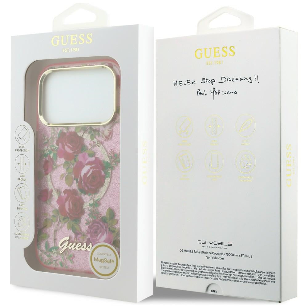 MagSafe Case for Apple iPhone 18 Pro Max / 17 Pro Max, Guess, IML Glitter Blossom Roses, Pink