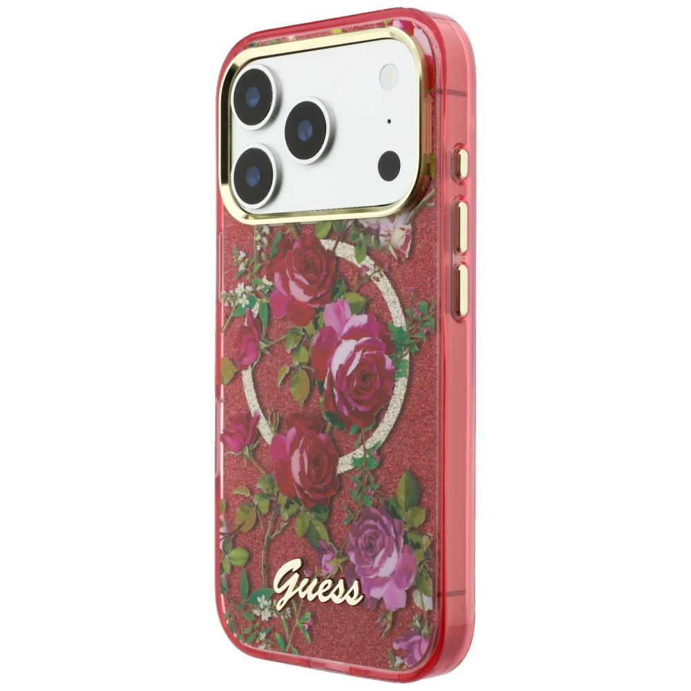MagSafe Case for Apple iPhone 18 Pro Max / 17 Pro Max, Guess, IML Glitter Blossom Roses, Burgundy