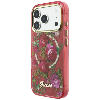 MagSafe Case for Apple iPhone 18 Pro Max / 17 Pro Max, Guess, IML Glitter Blossom Roses, Burgundy